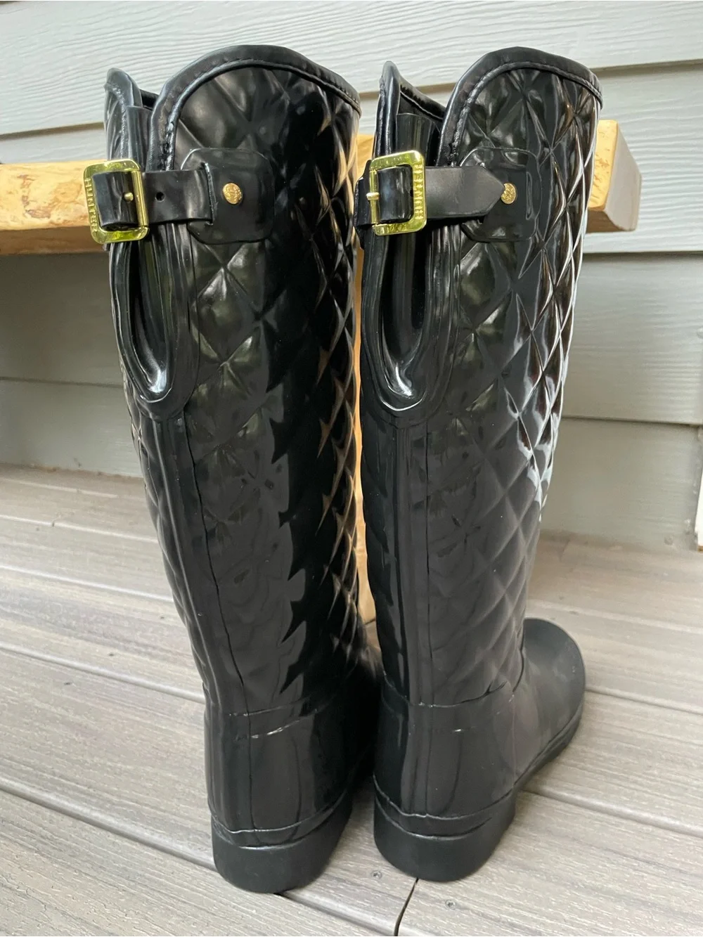 Hunter Quilted Black Knee-High Rain Boots with Gold Buckle
